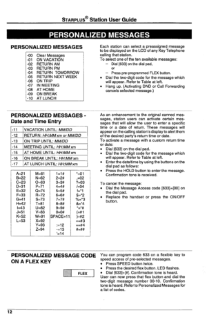 Page 16STARPLUS@ Station User Guide 
PERSONALIZE!3 MESSAGES 
-00 Clear Messages 
-01 ON VACATION 
-02 RETURN AM 
-03 
RETURN PM 
-04 RETURN TOMORROW 
-05 RETURN NEXT WEEK 
-06 ON TRIP 
-07 IN MEETING 
-08 AT HOME 
-09 ON BREAK 
-10 AT LUNCH 
PERSONALIZED MESSAGES - 
Date and Time Entry 
-11 VACATION UNTIL: MM/D/J 
-12 I RETURN: HH:MMxm or MM/DD 
-13 1 ON TRIP UNTIL: MM/LID 
-14 1 MEETING UNTIL: HH:MM xm 
-15 1 AT HOME UNTIL: HH:MM xm 
-16 1 ON BREAK UNTIL: HH:MM xm 
I-17 / AT LUNCH UNTIL: HH:MMxm 
A=21 
B=22...