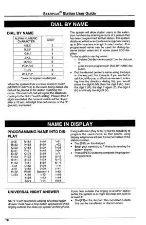 Page 22STARPLUS@ Station User Guide 
DIAL BY NAME 
/fFqy 
t MN0 
6 
P,Q’,R,S 7 
when the system finds a unique numeric match 
(MlJRPHY=687749) to the name being dialed, the 
call will be placed to the station matching the 
name. The intercom call will signal the station ac- 
cording to the H-T-P switch setting. If fewer than 8 
digits are dialed, the numeric match will be dialed 
aftera 10 sec. interdigit time-out occurs, or if a “w’ 
(pound), is pressed. The system will allow station users to dial exten- 
sion...