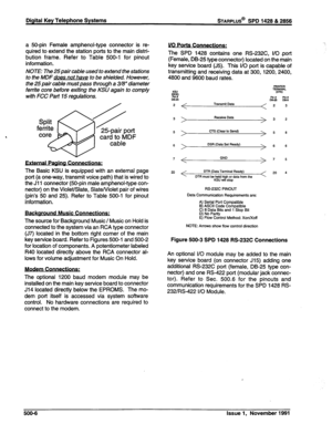 Page 119Digital Key Telephone Systems STARPLUS@ SPD 1428 % 2856 
a 50-pin Female amphenol-type connector is re- 
quired to extend the station ports to the main distri- 
bution frame. Refer to Table 500-l for pinout 
information. 
NOTE: The 25pair cable used to extend the stations 
to the MDFdoes not have to be shielded. However, 
the 25 pair cable must pass through a 3/8” diameter 
ferrite core before exiting the KSU again to comply 
with FCC Part 15 regulations. 
Split 
ferrite 
OQ 
core 
B 25pair port 
card to...