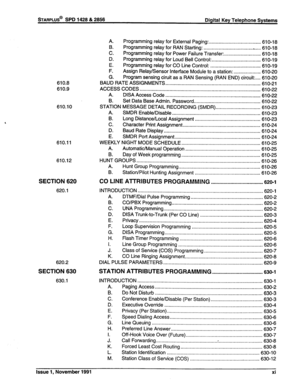 Page 13sTARPLUS@ SPD 1428 & 2856 Digital Key Telephone Systems 
610.8 
610.9 
610.10 
610.11 
610.12 
SECTION 620 
620.1 
620.2 
SECTION 630 
630.1 A. 
Programming relay for 
External Paging: 
...................................... 61 O-1 8 
B. Programming relay for RAN Starting: .................................... h.. .. 
61 O-1 8 
C. Programming relay for Power Failure Transfer:. .......................... 61 O-1 8 
D. Programming relay for Loud Bell Control:. ................................... 61 O-1 9 
E....