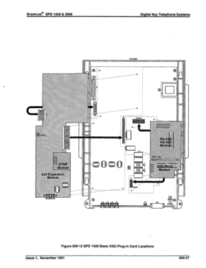 Page 140%ARPLUS@ SPD 1428 & 2856 Digital Key Telephone Systems 
, 
..j:::: 
9 101 
iI P  ::$ 
:j:j/j// 
:iiii:::i ----  _._____ -.. 
R II 
Figure 500-12 SPD 1428 Basic KSU Plug-in Card Locations 
Issue 1, November 1991 500-27  