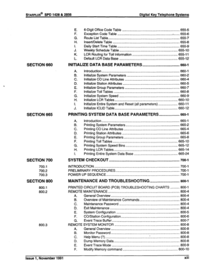 Page 15STARPLUS@ SPD 1428 & 2856 Digital Key Telephone Systems 
SECTION 660 
SECTION 665 PRINTING SYSTEM DATA BASE PARAMETERS . . . . . . . . . . . . . . . . . ..s.. 
665-l 
SECTION 700 
700.1 
700.2 
700.3 
SECTION 800 
800.1 
800.2 
800.3 E. 
F. 
G. 
H. 
I. 
J. 
K. 
L. 6-Digit Office Code Table .............................................................. 655-5 
Exception Code Table -.  ............................................................ ...... 655-6 
Route List Table.....