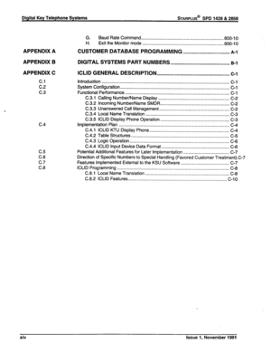 Page 16Digital Key Telephone Systems STARPLUS@ SPD 1428 & 2856 
G. 
H. Baud Rate Command 
................................................................. ..800-10 
Exit the Monitor mode .................................................................. 800-l 0 
APPENDIX A CUSTOMER DATABASE PROGRAMMING . . . . . . . ..s.........D.m.m..n.m.q..s..m. A-l 
APPENDIX B DIGITAL SYSTEMS PART NUMBERS .*..................m........................... B-l 
APPENDIX C ICLID GENERAL DESCRIPTION 
. . . . . . . . . . . . . ....