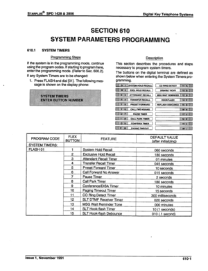 Page 164sTARPLUS@ SPD 1428 812856 
Digital Key Telephone Systems 
SECTION 610 
SYSTEM PARAMETERS PROGRAMMING 
610.1 SYSTEM TIMERS 
Programming Steps 
If the system is in the programming mode, continue 
using the program codes. If starting to program here, 
enter the programming mode. (Refer to Sec. 600.2). 
If any System Timers are to be changed: Description 
This section describes the procedures and steps 
necessary to program system timers. 
The buttons on the digital terminal are defined as 
shown below when...