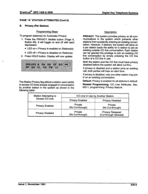 Page 203sTARPLUS@ SPD 1428 & 2858 
Digital Key Telephone Systems 
PAGE “A” STATION AlTRIBUTES (Cont’d) 
E. Privacy (Per Station) 
Programming Steps 
To program station(s) for Automatic Privacy: 
1. Press the PRIVACY flexible button (Page A, 
Button #5). It will toggle on and off with each 
depression. 
l LED on = Privacy is enabled on Stations(s) 
l LED off = Privacy is disabled on Station(s) 
2. Press HOLD button. Display will now update. Description 
PRIVACY. The system provides privacy on all com-...