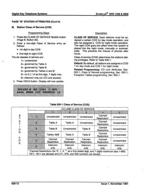 Page 210Digital Key Telephone Systems sTARPLUS@ SPD 1428 & 2856 
PAGE “B” STATION AlTRIBUTES (Cont’d) 
M. 
1. 
2. Station Class of Service (COS) 
Programming Steps 
Press the CLASS OF SERVICE flexible button 
(Page B, Button #2). 
Enter a two-digit Class of Service entry as 
follows: 
l 1st digit is day COS 
l 2nd digit is night COS Description 
CLASS OF SERVICE. Each stations must be as- 
signed a certain COS for day mode operation, and 
also be assigned a COS for night mode operation. 
The night COS goes into...