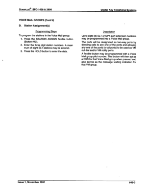 Page 227STARPLUS@ SPD 1428 & 2858 
Digital Key Telephone Systems 
VOICE MAIL GROUPS (Cont’d) 
D. Station Assignment(s) 
Programming Steps 
To program the stations in the Voice Mail group: 
1. Press the STATION ASSIGN flexible button 
(Button #12). 
2. Enter the three digit station numbers. A maxi- 
mum of eight SLT stations may be entered. 
3. Press the HOLD button to enter the data. Description 
Up to eight (8) SLT or OPX port extension numbers 
may be programmed into a Voice Mail group. 
The ports will be...