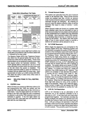 Page 232Digital Key Telephone Systems sTARPLUS@ SPD 1428 & 2856 
, 
Table 650-2 Allow/Deny Toll Table 
NO 
ENTRIES ALLOW 
FOUND ( A 
El FOUND D- 
with a 1 followed by a seven digit local number), but 
would deny long distance calls (numbers dialed with 
a 1 followed by an area code). 
The Starplus Digital (SPD) Key Telephone System 
also offers four (4) special tables that can be refer- 
enced from within the two allow tables. Three of the 
special tables can be assigned to specific area codes 
that require...