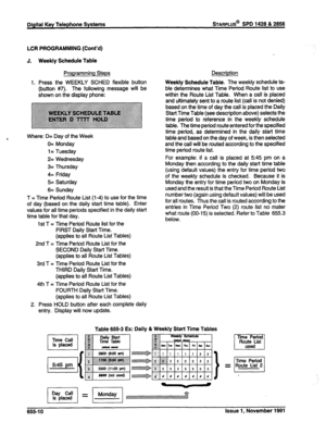 Page 249Digital Key Telephone Systems %ARPLUS@ SPD 1428 & 2656 
LCR PROGRAMMING (Cont’d) 
J. 
1. Weekly Schedule Table 
Programming Steps 
Press the WEEKLY SCHED flexible button 
(button #7). The following message will be 
shown on the display phone: 
4 Where: D= Day of the Week 
0= Monday 
1= Tuesday 
2= Wednesday 
3= Thursday 
4= Friday 
5= Saturday 
6= Sunday 
T = Time Period Route List (l-4) to use for the time 
of day (based on the daily start time table). Enter 
values for all time periods specified in the...