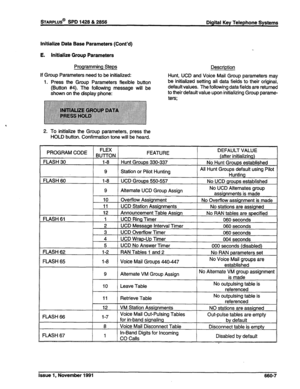 Page 258Initialize Data Base Parameters (Cont’d) 
E. Initialize Group Parameters 
Programming Steps 
If Group Parameters need to be initialized: 
1. Press the Group Parameters flexible button 
(Button #4). The following message will be 
shown on the display phone: Description 
Hunt, UCD and Voice Mail Group parameters may 
be initialized setting all data fields to their original, 
default values. The following data fields are returned 
to their default value upon initializing Group parame- 
ters: 
2. To...