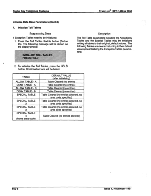 Page 259Initialize Data Base Parameters (Cont’d) 
F. Initialize Toll Tables 
Programming Steps 
If Exception Tables need to be initialized: 
1. Press the Toll Tables flexible button (Button 
#5). The following message will be shown on 
the display phone: Description 
The Toll Table parameters including the Allow/Deny 
Tables and the Special Tables may be initialized 
setting all tables to their original, default values. The 
following Tables are cleared returning to their default 
value upon initializing the...