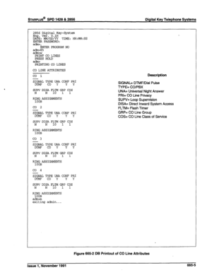 Page 268STARPLUS@ SPD 1428 & 2856 Digital Key Telephone Systems 
2856 Digital Key-System 
Eng. Ver. O.lH 
DATE: MM/DD/YY TIME: HH:MM:SS 
ENrERPAbwORD: 
ati, 
ENTER PROGRAM NO 
:zt5 
PRINT CO LINES 
PRESS HOLD 
adrrv 
PRINTINGCO LINES 
CO LINE ATTRIBUTES 
co 1 
Description 
SI@?ATJ TYPE UNA CONF PRI 
m co Y Y Y 
SUPV DISA FLY GRP COS 
N N 1 1 
RING ASSIGNMENTS 
100B 
co 2 
SIG&L TYPE UNA CONF PRI 
co Y Y Y 
SUPV DISA FLTM GRP COS 
N N 10 1 1 
RING ASSIGNMENTS 
100B 
co 3 
SIGNAL TYPEUNACONF PRI 
m co Y Y Y 
SUPV...