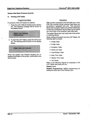 Page 277Digital Key Telephone Systems STARPLUS@ SPD 1428 & 2858 
System Data Base Printouts (Cont’d) 
H. Printing LCR Tables 
Programming Steps 
If a printout of the LCR tables are desired: 
1. Press the LCR TABLES flexible button (Button 
#7). The following message will be shown on 
the display phone: 
2. To print the LCR Tables, press the HOLD but- 
ton. The following will be shown on the display 
phone. 
~g&, < ..::..;:.:.:.: . . . . . . 
‘...:.:.::::w:b. 
~ . . . ..~..~~rJl~~~~~~~~~~~~~~~~~~ 
“:::::i:::::...