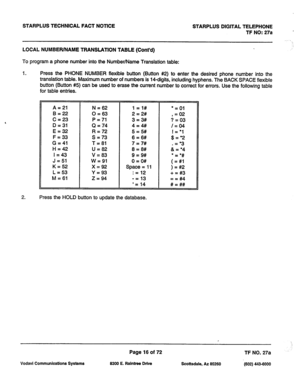 Page 349STARPLUS TECHNICAL FACT NOTICE STARPLUS DIGITAL TELEPHONE 
TF NO: 27a . 
LOCAL NUMBER/NAME TRANSLATION TABLE (Cont’d) 
To program a phone number into the Number/Name Translation table: 
1. Press the PHONE NUMBER flexible button (Button #2) to enter the desired phone number into the 
translation table. Maximum number of numbers is ICdigits, including hyphens. The BACK SPACE flexible 
button (Button #5) can be used to erase the current number to correct for errors. Use the following table 
for table...