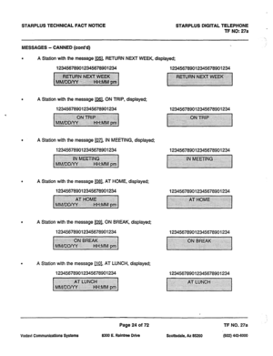 Page 357STARPLUS TECHNICAL FACT NOTICE STARPLUS DIGITAL TELEPHONE 
TF NO: 27a 
MESSAGES - CANNED (cont’d) 
. 
A Station with the message w, RETURN 
123456789012345678901234 NEXT WEEK, displayed; 
* A Station with the message m, ON TRIP, displayed; 
123456789012345678901234 
. A Station with the message m, IN MEETING, displayed; 
123456789012345678901234 
b A Station with the message m, AT HOME, displayed; 
123456789012345678901234 
. A Station with the message [es3, ON BREAK, displayed; 
123456789012345678901234...