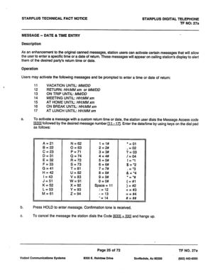 Page 358STARPLUS TECHNICAL FACT NOTICE STARPLUS DIGITAL TELEPHONE 
TF NO: 27a 
MESSAGE - DATE & TIME ENTRY 
Description 
As an enhancement to the original canned messages, station users can activate certain messages that will allow 
the user to enter a specific time or a date of return. These messages will appear on calling station’s display to alert 
them of the desired party’s return time or date. 
Operation 
Users may activate the following messages and be prompted to enter a time or date of return: 
11...