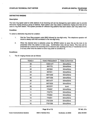 Page 368STARPLUS TECHNICAL FACT NOTICE STARPLUS DIGITAL TELEPHONE 
TF NO: 27a 
DISTINCTIVE RINGING 
Description 
The tone ring signal used to notify stations of an incoming call can be changed by each station user to provide 
distinctive ringing among a group of stations. Each station user may select a distinctive ringing tone that will be 
used to ring their station. The system provides 81 different ring patterns that each station user may select from. 
Condition 
To select a distinctive ring tone for a...