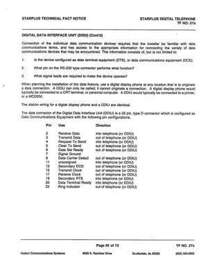 Page 398STARPLUS TECHNICAL FACT NOTICE 
STARPLUS DIGITAL TELEPHONE 
TF NO: 27a 
DIGITAL DATA INTERFACE UNIT (DDIU) (Cont’d) 
Connection of the individual data communication devices requires that the installer be familiar with 
data 
communications terms, and has access to the appropriate information for connecting the variety of data 
communications devices that may be encountered. This information consists of, but is not limited to: 
1. Is the device configured as data terminal equipment (DTE), or data...