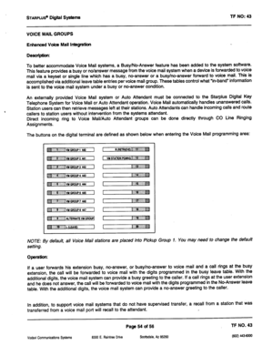 Page 469STARPLUS” Digital Systems TF NO: 43 
VOICE MAfL GROUPS 
Enhanced Voice Mail lntegratiofl 
Description: 
To better accommodate Voice Mail systems, a Busy/No-Answer feature has been added to the system software. 
This feature provides a busy or no/answer message from the voice mail system when a device is fonnrarded to voice 
mail via a keyset or single line which has a busy, no-answer or a busy/no-answer forward to voice mail. This is 
accomplished via additional leave table entries per voice mail group....