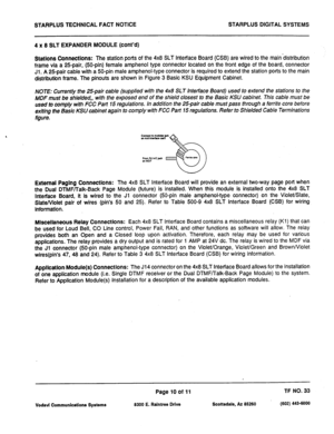 Page 481STARPLUS TECHNICAL FACT NOTICE STARPLUS DIGITAL SYSTEMS 
4 x 8 SLT EXPANDER MODULE (cont’d) 
Statlons Connectlons: 
The station ports of the 4x8 SLT Interface Board (CSB) are wired to the mainbistribution 
frame via a 25pair, (50-pin) female amphenol type connector located on the front edge of the board, connector 
Jl. 
A 25pair cable with a 50-pin male amphenol-type connector is required to extend the station ports to the main 
distribution frame. The pinouts are shown in Figure 3 Basic KSU Equipment...