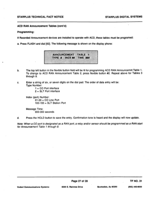 Page 509STARPLUS TECHNICAL FACT NOTICE STARPLUS DIGITAL SYSTEMS 
ACD RAN Announcement Tables (cont’d) 
Programming: 
If Recorded Announcement devices are installed to operate with 
ACD, these tables must be programed: 
a. Press 
FLASH and dial [62]. The following message is shown on the display phone: 
b. The top left button in the flexible button field will be lit for programming ACD RAN Announcemnt Table I. 
To change to ACD RAN Announcement Table 2, press flexible button #2. Repeat above for Tables 3 
through...