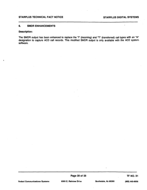 Page 510STARPLUS TECHNICAL FACT NOTICE 
STARPLUS DlGlTAL SYSTEMS 
6. SMDR ENHANCEMENTS 
Description: 
The SMDR output has been enhanced to replace the “I” (incoming) and 7” (transferred) call types with an “A” 
designation to capture ACD call records. This modified SMDR output is only available with the ACD System 
software. 
Vodavi Communications Systems 
Page 28 of 28 
TF NO. 31 
8300 E. Raintree Drive Scottsdale, AZ 85260 
(802) 4436000  