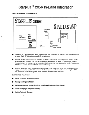 Page 516Starplus @ 2856 In-Band Integration 
2856 HARDWARE REQUIREMENTS 
/ u ml’ 
Connecting 
Blocks 
L I 
Ring 4x8 * Telephone 
SLT - 
Interface 
, Generator - oud 
- Board 
pj - 
4x8 
cl -40 V dc _ 
Power Z 
jUPPlY 4= 
EKT 
Stations 
0 One 4 x 8 SLT expander card, each card provides 8 SLT circuits. Or one OPX box per VM port can 
be used. Each OPX box decreases EKT ports by one. 
0 One RM (DTMF receiver module) installed on the 4 x 8 SLT card. This will provide one (1) DTMF 
receiver per 4 X 8 board. This can...