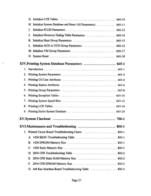 Page 547G. Initialize LCR Tables 
................................................ 660-l 0 
H. Initialize System Database and Reset (All Parameters) 660-l 1 . 
................ 
I. Initialiie ICLlD Parameters 
.......................................... 660- 12 
J. Initialize Directory Dialing Table Parameters ......................... 660-14 
K. Initialize Hunt Group Parameters 
.................................... 660-l 5 
L. Initialize ACD or UCD Group Parameters ........................... 660-l 6 
M....