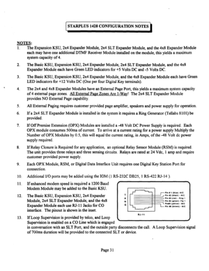 Page 551TARPLUS 1428 CONFIGURATION NOTES 
NOTES: 
1. 
2. 
3. 
, 
4. 
5. 
6. 
7. 
8. 
9. 
10. 
11. 
12. 
13. The Expansion KSU, 2x4 Expander Module, 2x4 SLT Expander Module, and the 4x8 Expander Module 
each may have one additional DTMP Receiver Module installed on the module, this yields a maximum 
system capacity of 4. 
The Basic KSU, Expansion KSU, 2x4 Expander Module, 2x4 SLT Expander Module, and the 4x8 
Expander Module each have Green LED indicators for +5 Volts DC and -5 Volts DC. 
The Basic KSU, Expansion...