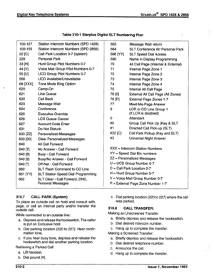 Page 69fable 31 O-1 Starplus Digital SLT Numbering Plan 
loo-127 Station Intercom Numbers (SPD 1428) 
663 Message Wait return 
100-l 55 Station Intercom Numbers (SPD 2856) 664 
SLT Conference W/ Personal Park 
22 [Cl Call Park Location O-7 (system) 666 [WI 
SLT Speed Dial Access 
228 Personal Park 690 
Name in Display Programming 
33 
WI Hunt Group Pilot Numbers O-7 70 
All Call Page (Internal & External) 
UM Voice Mail Group Pilot Numbers O-7 
71 
Internal Page Zone 1 
55 
WI UCD Group Pilot Numbers O-7 72...