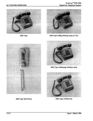 Page 120SLT FEATURE OPERATION
STARPLUS * SPD 4996
Digital Key Telephone System
2500 Type  
2500 Type w/Msg Waiting Lamp on Top
2500 Type w/Message Waiting Lamp
2500 Type Wall Phone 2500 Type w/Flash Key
31 O-2Issue 1, March 1994 