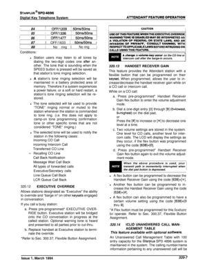 Page 134STARPLUS @ SPD 4696Digital Key Telephone System
AlTENDANT FEATURE OPERATION
I84! OFF/1209 50ms/50ms _
851 OFF/133650ms/50ms186/ OFF/1477I 50msKOms
87i OFF/1633 ! 50msI50ms i
88 
;No ring iNo ringJ
Conditions:l Station users may listen to all tones by
dialing the two-digit codes one 
after an-
other. The tone that is sounding when the
SPEED button is pressed will be saved as
that station’s tone ringing selection.
l A station’s tone ringing selection will be
maintained in a battery protected area of...