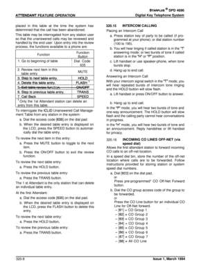 Page 135A-lTENDANT FEATURE OPERATION
STARPLUS @ SPD 4696
Digital Key Telephone System
placed in this table at the time the system has
determined that the call has been abandoned.
This table may be interrogated from any station userso that the unanswered calls may be reviewed and
handled by the end user. Upon entry into the review
process, the functions available to a phone are:
FunctionFunction
Button1. Go to beginning of table
’ Dial Code
6352. Review next item in this
table entry
MUTE
I
’ Only the 1st...