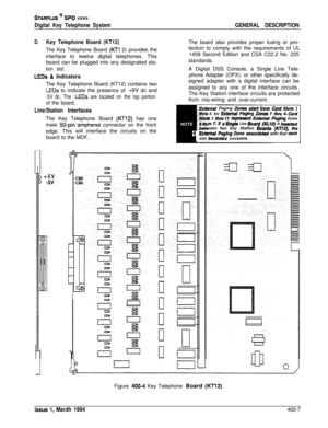 Page 159STARPLUS @ SPD 4896
Digital Key Telephone System
D.Key Telephone Board (KT12)The Key Telephone Board 
(KTI 2) provides the
interface to twelve digital telephones. This
board can be plugged into any designated sta-
tion slot.
LEDs & IndicatorsThe Key Telephone Board (KT12) contains two
LEDs to indicate the presence of +-5V dc and
-5V dc. The LEDs are located on the top portionof the board.
Line/Station InterfacesThe Key Telephone Board 
(KT12) has one
male 
50-pin amphenol connector on the front
edge....