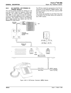 Page 174STARPLUS @ SPD 4896GENERAL DESCRIPTION
400.5SLT ADAPTER 
/ OFF-PREMISE EX-
TENSION MODULE
This external module provides the interface for one
long loop (OPX) single line telephone (2500 type)
extension. This module requires a separately pro-
vided -48V dc power supply to provide the necessarycurrent for long loop applications and to support ring
generation. This module is wired to and interfaces
Digital Key Telephone Systemwith a digital terminal (key station) port from the
Starplus SPD 4896 System....