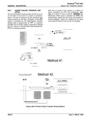 Page 176GENERAL DESCRIPTIONSTARPLUS @ SPD 4696
Digital Key Telephone System400.7POWER FAILURE TRANSFER UNIT
w=wThis unit provides the relay transfer circuits for up to
12 CO lines in the event of a power or processor
failure. The unit is housed in its own enclosure and
mounts external to the KSU. Activation of the 
Pmrelays is controlled by the Relay/Sensor Interface
Module that is programmed for 
PFT. A customer
provided 
12V dc power supply is required to operate
the unit. There is a manual switch that...