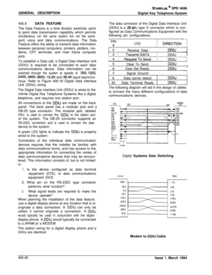 Page 178GENERAL DESCRIPTIONSTARPLUS @ SPD 4696
Digital Key Telephone System
400.8DATA FEATURE
The Data Feature is a time division switched, point
to point data transmission capability which permits
simultaneous (on the same system but not the sameport) voice and data communications. The Data
Feature offers the ability to transmit data information
between personal computers, printers, plotters, mo-
dems, CRT terminals, and main frame computer
ports.To establish a Data call, a Digital Data Interface Unit
(DDIU) is...