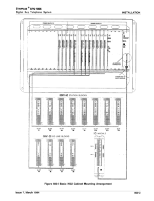 Page 191STARPLUS @ st=D 4696
Digital Key Telephone SystemINSTALLATION
a/ i/66Ml-50 STATION BLOCKS
SLOT
SLOTSLOT
SLOTSLOTSLOTSLOT*1mSLOT#3.i4#Sx10Cl1%12
I/O MODULE
66Ml-50 CO LINE BLOCKS
SLOTSLOTSLOTSLOT15#5#7118Figure 500-I Basic KSU Cabinet Mounting Arrangement
Issue 
1, March 1994
500-3 