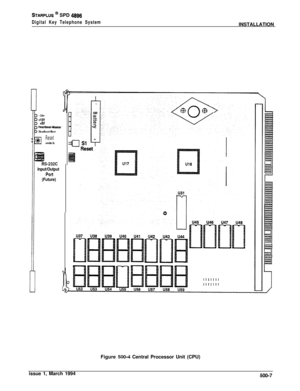 Page 195STARPLUS @ SPD 4999
Digital Key Telephone SystemINSTALLATION
-12v
+12v+SVHW-tbl3at-YtiErHeartbeat-Slave
Resetswitch
RS-232C
Input/Output
Port
(Future)Figure 
500-4 Central Processor Unit (CPU)
issue 1, March 1994
500-7 