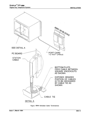 Page 201STARPLUS @ SPD 4996Digital Key Telephone System
INSTALLATION
STATIONCABLE
-A
I
\\ CABLE TIE
BOl7OM PLATE,
FEED CABLE BETWEEN
SQUARE KNOCKOUTS
AS SHOWN
EXPOSED BRAIDED
PORTION OF CABLES
IS TO BE GROUNDED
BY CABLE TIE AS
SHOWN
DETAIL A
Figure 500-9 Shielded Cable Terminationsissue 1, March 1994
500-l 3 