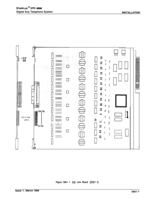 Page 205STARPLUS @ SPD 4996Digital Key Telephone System
INSTALLATION
CO In Use
LED’sa
a
u=Cll-l
u
[I-=I3l-l-
U-
0
YCI
1u
u-- =I
- =
cl,I
m -
u-
- I
c3 -- I
D -
0:- I
a,
=4
In
i-l-= I
1
a::- z
I--=w
1I
i1
I
Figure 500-l 1 CO Line Board (CD1 2)Issue 1, 
Maich 1994
500-l 7 