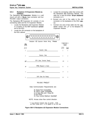 Page 207STARPLUS @ Sf’D 4896
Digital Key Telephone SystemINSTALLATION
500.6Backplane l/O Expansion Module 
In-stallation
The Backplane 
I/O Expansion Module is a wall
mount unit with a 
36-pin input connector and four
RS-232C output connectors.
The Backplane 
I/O Expansion kit consists of one
connecting cable and the l/O Expansion Module.
1.Locate the Backplane I/O Expansion Module
in a location on the MDF backboard 
conven-ient to the KSU.
2.Locate the J24 connector on the backplane of
the KSU cabinet.
3.Locate...