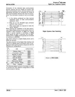 Page 220INSTALLATION
STARPLUS @ SPD 4896
Digital Key Telephone SystemConnection of the individual data communication
devices requires that the installer be familiar with
data communications terms, and has access to the
appropriate information for connecting the variety of
data communications devices that may be encoun-
tered. This information consists of, but is not limited
to:1. Is the device configured as data terminal
equipment (DTE), or data communications
equipment (DCE.
2. What pin on the RS-232C type...