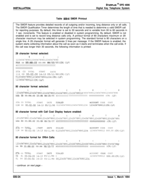 Page 222INSTALLATlON
STARPLUS @ SPD 4896
Digital Key Telephone System
Table 
500-6 SMDR PrintoutThe SMDR feature provides detailed records of all outgoing and/or incoming, long distance only or all calls.
The SMDR Qualification Timer determines the length of time that is needed to determine a valid SMDR call
for reporting purposes. By default, this timer is set to 30 seconds and is variable from 00 to 60 seconds in
1 sec. increments. This feature is enabled or disabled in system programming. By default, SMDR is...