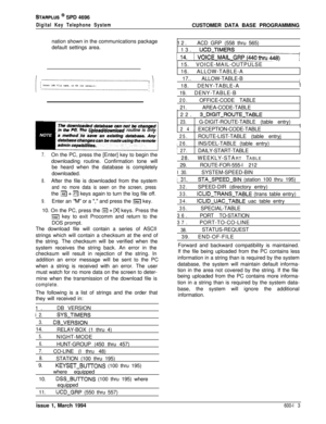 Page 236STARPLUS @ SPD 4696
Digital Key Telephone SystemCUSTOMER DATA BASE PROGRAMMING
nation shown in the communications package
default settings area.
in the PC. The UpioatWownload routine is only
7.On the PC, press the [Enter] key to begin the
downloading routine. Confirmation tone will
be heard when the database is completely
downloaded.
8.After the file is downloaded from the system
and no more data is seen on the screen, pressthe 
g + ?iJ keys again to turn the log file off.
9.Enter an “M” or a “,” and...