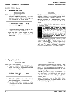 Page 245SYSTEM PARAMETERS PROGRAMMING
SYSTEM TIMERS (Cont’d)I.Conference/DISA Timer
Programming Steps
If this timer is to be changed:
1.Press the CONFERENCUDISA TIMER flex-
ible button (Button 
#9). The following mes-
sage is shown on the display phone:
~  
CONFERENC,El$MER 00-99 1
2.Enter a two-digit timer value on the dial pad
which corresponds to 01-99 minutes.
3. Press the HOLD button to save the entry.
Confirmation tone is heard and the display willnow update.
J.Paging Timeout TimerProgramming Steps
If this...