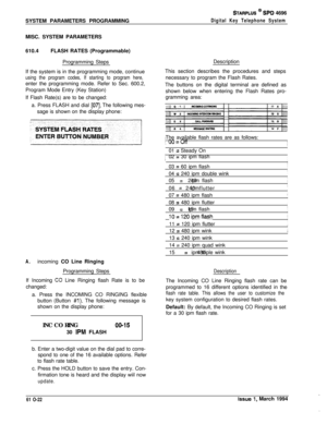 Page 261SYSTEM PARAMETERS PROGRAMMINGSTARPLUS @ SPD 4696
Digital Key Telephone SystemMISC. SYSTEM PARAMETERS
610.4FLASH RATES (Programmable)
Programming Steps
If the system is in the programming mode, continue
using the program codes, If starting to program here,enter the programming mode. Refer to Sec. 600.2,
Program Mode Entry (Key Station)
If Flash Rate(s) are to be changed:
a. Press FLASH and dial 
[07]. The following mes-
sage is shown on the display phone:
A.incoming CO Line Ringing
Programming Steps
If...