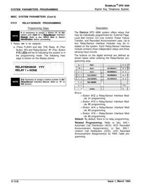 Page 265SYSTEM PARAMETERS PROGRAMMINGSTARPLUS @ SPD 4696
Digital Key Telephone SystemMISC. SYSTEM PARAMETERS (Cont’d)
610.9
RELAY/SENSOR PROGRAMMING
Programming Steps
it is necessary to assign a Station ID to the
station. port usad for a Relay&ensof InterfaceModuk Refer ta Sec. 63U.2, item A. Stationidenttfkatfon before proceeding.!
If Relays are to be assigned:a. Press FLASH and dial 
[14]. Relay #l (Flex
Button 
#l) and Relay/Sensor #l (Flex Button
#12) LEDs will be lit indicating the system is in
the...