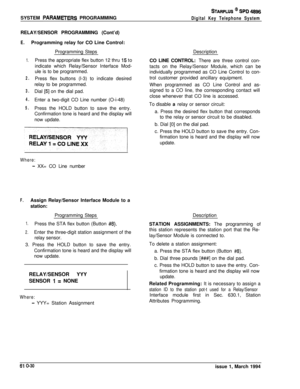 Page 269SYSTEM PARAMEFERS PROGRAMMING
RELAY/SENSOR PROGRAMMING (Cont’d)
E.Programming relay for CO Line Control:
STARPLUS @ SPD 4896
Digital Key Telephone System
1.
2.
3.
4.
5.Programming StepsDescription
Press the appropriate flex button 12 thru 
15 to
indicate which Relay/Sensor Interface Mod-
ule is to be programmed.
Press flex buttons (l-3) to indicate desired
relay to be programmed.
Dial 
[5] on the dial pad.
Enter a two-digit CO Line number (O-i-48)
Press the HOLD button to save the entry.
Confirmation...