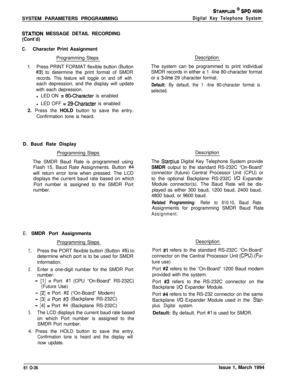 Page 275SYSTEM PARAMETERS PROGRAMMINGSTARPLUS @ SPD 4696
Digital Key Telephone System
STATlON MESSAGE DETAIL RECORDING
(Cont’d)
C.Character Print Assignment
Programming StepsDescription
1.Press PRINT FORMAT flexible button (ButtonThe system can be programmed to print individual
#3) to determine the print format of SMDRSMDR records in either a 1 -line 80-character format
records. This feature will toggle on and off withor a 3-line 29 character format.
each depression, and the display will update
with each...